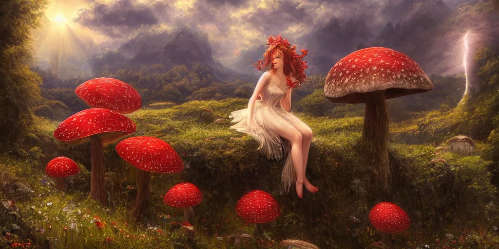 Image similar to an elegant fairy in a red lace dress sitting and looking out at a lord of the rings scenery landscape, vast lush valley flowers and giant mushroom structures, stream, sunrise, god's rays highly detailed, vivid colour, soft clouds, floral sunset, cinematic lighting, perfect composition, 8 k, gustave dore, derek zabrocki, greg rutkowski, belsinski,