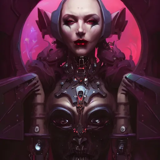 Image similar to a portrait of a beautiful demonic cybernetic grand duchess of hell, cyberpunk concept art by pete mohrbacher and wlop and artgerm and josan gonzales, digital art, highly detailed, intricate, sci-fi, sharp focus, Trending on Artstation HQ, deviantart, unreal engine 5, 4K UHD image