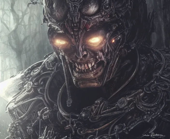 Image similar to 5 5 mm close up portrait photo of an armored biomechanical demonic superman looking at the camera, in a magical forest. dark atmosphere. art by greg rutkowski and luis royo. highly detailed 8 k. intricate. lifelike. soft light. nikon d 8 5 0.