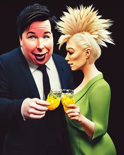 Prompt: A drunk Michael Mcintyre with a blonde woman eating pineapple in a nightclub,real life skin, intricate, elegant, highly detailed, artstation, concept art, smooth, sharp focus, photo