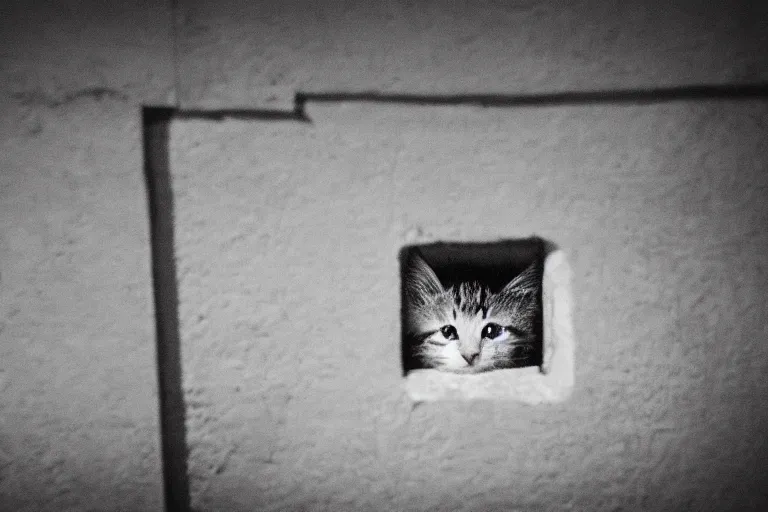 Prompt: a sad kitten in the corner of a dark basement