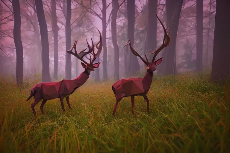 Image similar to super detailed color lowpoly art, red deer in an undergrowth, unreal engine, retrowave color palette, 3 d render, lowpoly, colorful, digital art, perspective