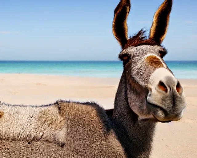 Image similar to realistic photo of a donkey wearing a suit sunbathing on a sunbed at the beach