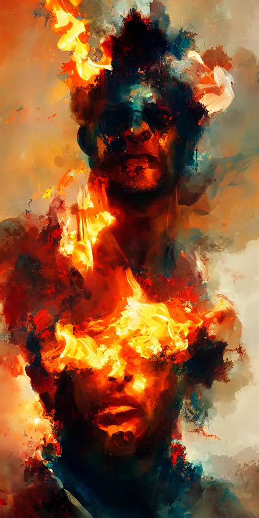 Image similar to abstract painting of man on fire, by craig mullins, featured on artstation. Portrait.