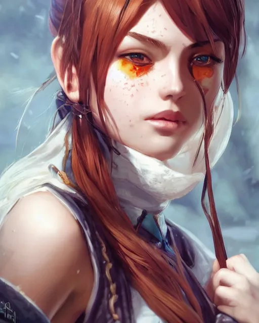 Image similar to portrait Anime Aela the Huntress girl cute-fine-face, pretty face, realistic shaded Perfect face, fine details. Anime. realistic shaded lighting by Ilya Kuvshinov Giuseppe Dangelico Pino and Michael Garmash and Rob Rey, IAMAG premiere, aaaa achievement collection, elegant freckles, fabulous