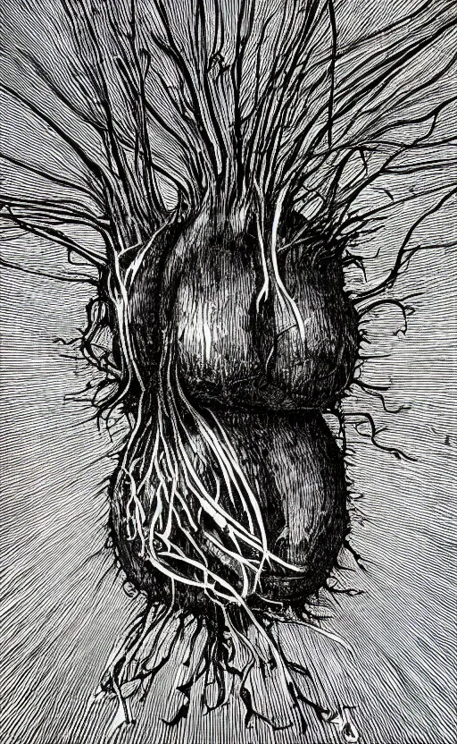 Image similar to portrait of lovecraftian onion with an mouth in the middle of it, surrounded by beams of light dark background by wayne barlow, stanley donwood, anton semenov, zdzislaw bekinski, hr giger, 8 k, fantasy, dark, highly detailed