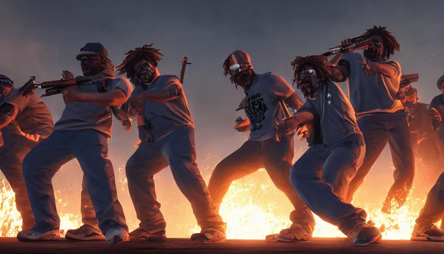 Image similar to full - body action shot of a gangsta rap group n. w. a. fighting a horde of zombies, in the style of boondocks, mist, epic, cinematic, volumetric lighting, symmetry, fantasy style, highly - detailed, unreal 5, realism,