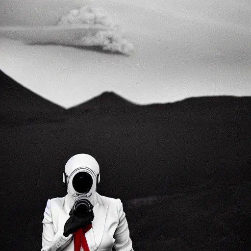 Prompt: a woman with white suit, she wear red eyed gasmask, in volcano, standing close to volcano, fire raining, professional photography, black and white, cinematic, eerie
