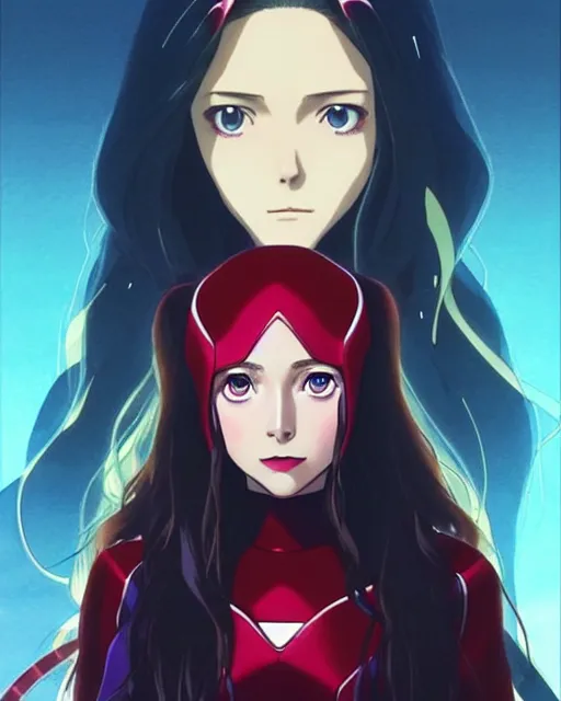 Image similar to Anime as Elizabeth Olsen playing Scarlet Witch || cute-fine-face, pretty face, realistic shaded Perfect face, fine details. Anime. realistic shaded lighting poster by Ilya Kuvshinov katsuhiro otomo ghost-in-the-shell, magali villeneuve, artgerm, Jeremy Lipkin and Michael Garmash and Rob Rey as Scarlet Witch in New York cute smile