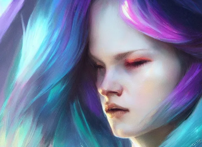 Image similar to a girl with rainbow hair standing in a sci - fi spaceship, official art, gorgeous detailed face, by jeremy lipking, by artgerm, realistic expressive oil painting, cgsociety, anime style, detailed interior, movie still