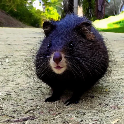 Prompt: a long black hair wig on a quokka with long black hair and glasses