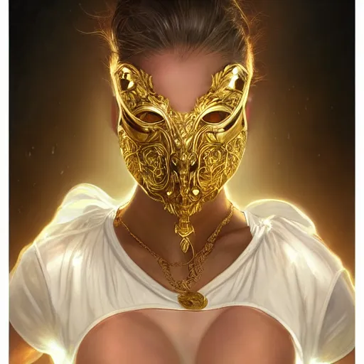 Image similar to 1 5 year old white girl with a white shirt that has one shoulder visible, wears black sports shorts and a golden mask on her face, intricate, highly detailed, digital painting, artstation, concept art, smooth, sharp focus, illustration, unreal engine 5, 8 k, art by artgerm and greg rutkowski and alphonse mucha