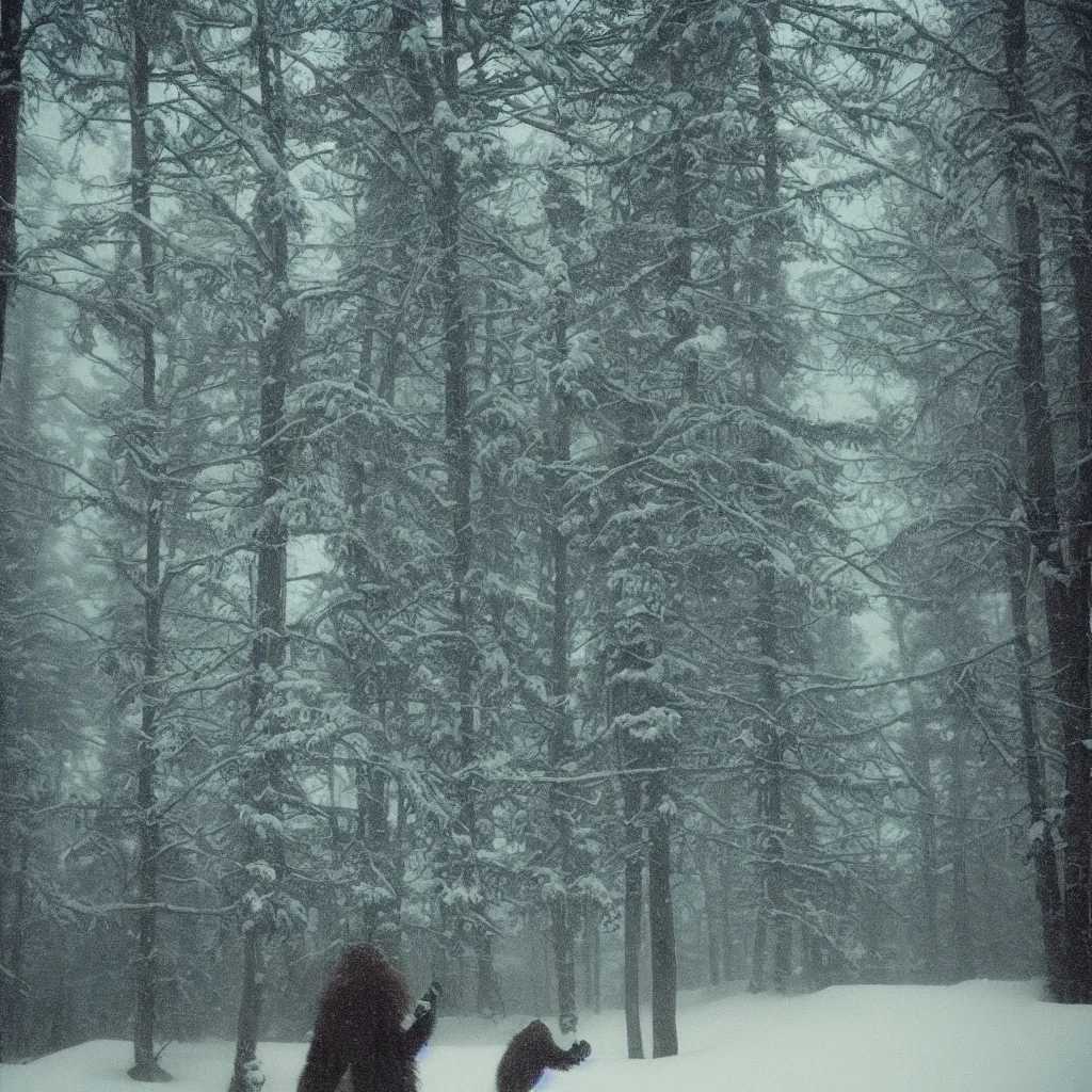 Image similar to photo, bigfoot is hiding in the background. cold color temperature, snow storm. hazy atmosphere. humidity haze. kodak ektachrome, greenish expired film, award winning, low contrast