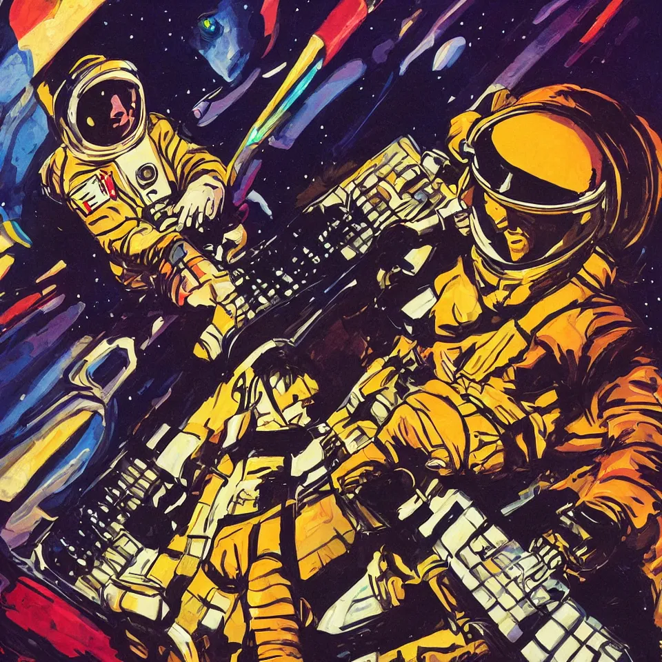 Image similar to portrait astronaut playing a keyboard by jack kirby, dynamic lighting, cinematic, epic composition, masterpiece