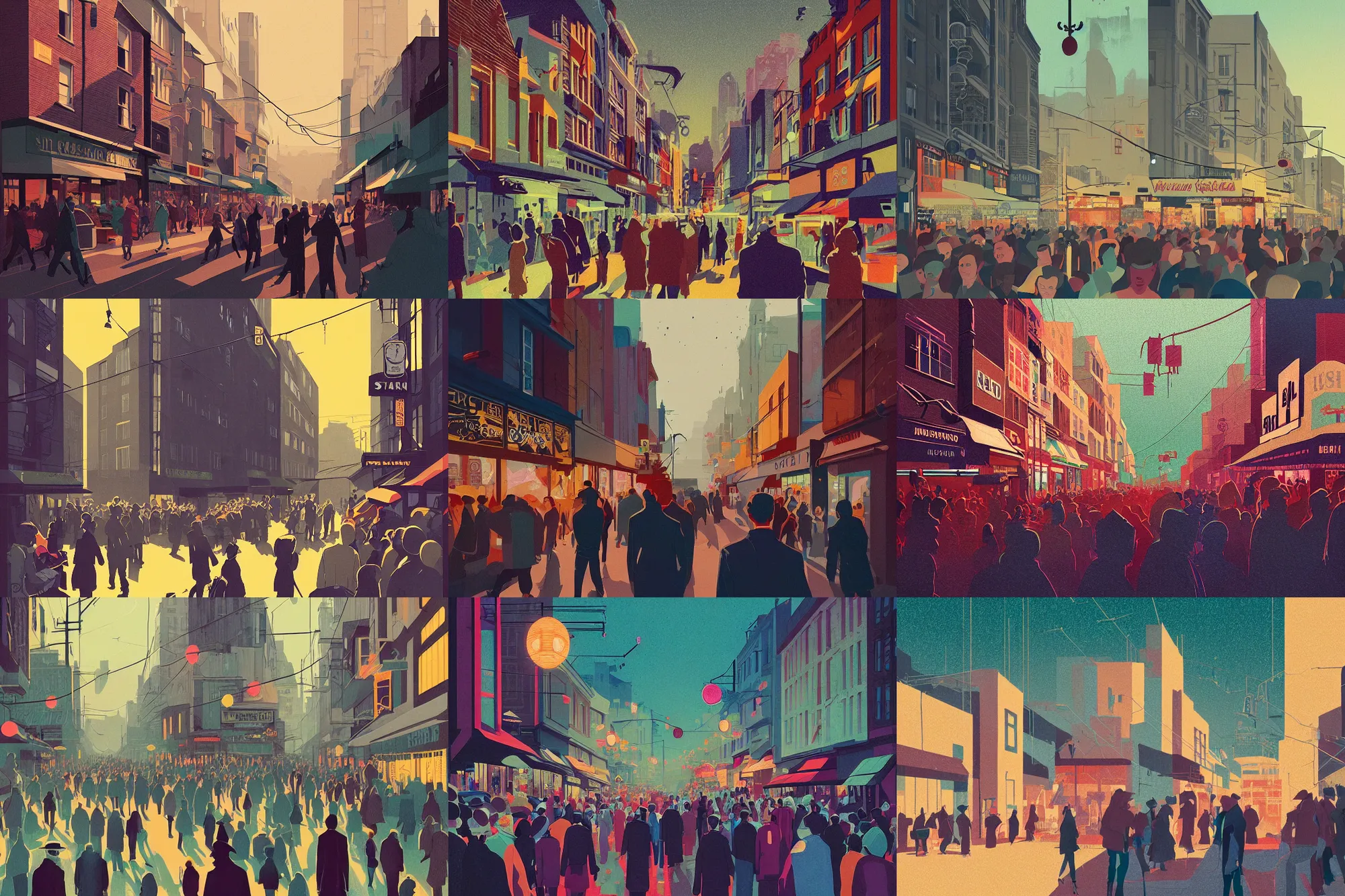 Prompt: illustrated portrait of a busy small town street, lush, many people, modern art deco, colorful, mads berg, christopher balaskas, victo ngai, fine texture, detailed, muted colors, dynamic composition, matte print, wide angle, moody, ( ( stippling ) ), very grainy texture, ( ( strong stippled shadows ) )
