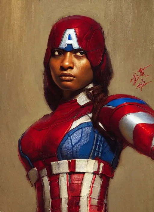 Prompt: maria igwe. beautiful female Captain America. gorgeous face. Iranian orientalist portrait by john william waterhouse and Edwin Longsden Long and Theodore Ralli and Nasreddine Dinet, oil on canvas. Cinematic, hyper realism, realistic proportions, dramatic lighting, high detail 4k