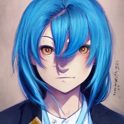 Prompt: profile shot of rimuru tempest, sky blue hair, ponytail, long bangs, gold eyes, black jacket with white stripes and a high collar, highly detailed, roman city, professional art, concept art, stock photo, cinematic, wlop | art by pixiv, ilya kuvshinov, greg rutkowski, yoshitaka amano