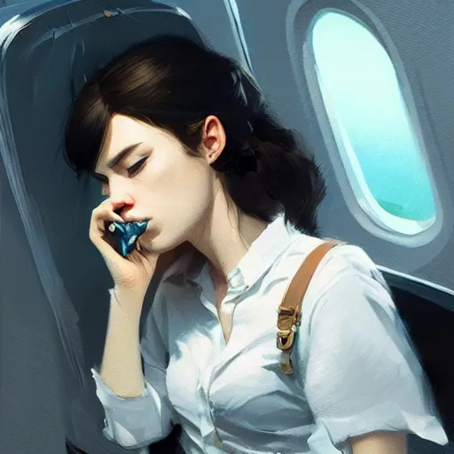 Image similar to a dark - haired girl smoking on the plane highly detailed, digital painting, artstation, concept art, sharp focus, illustration, art by greg rutkowski