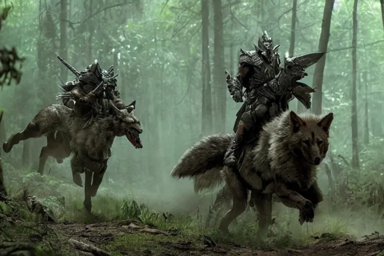 Image similar to vfx movie closeup detailed ancient armored warrior orc hunting riding large wolf in the forest, natural lighting by emmanuel lubezki