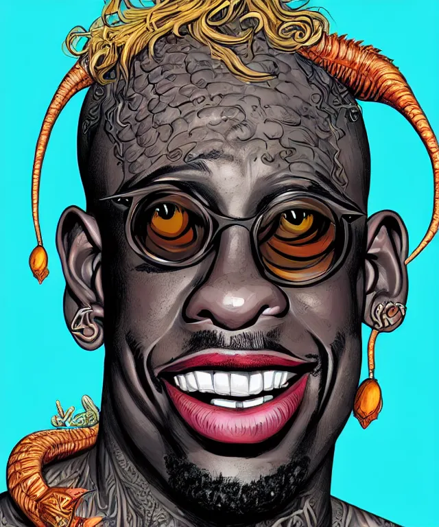 Prompt: fantasy comic style portrait of dennis rodman as a sea monster, digital illustration by ken taylor and sana takeda, hd, 4 k, intricate, highly detailed!!, character design, cover art, award winning