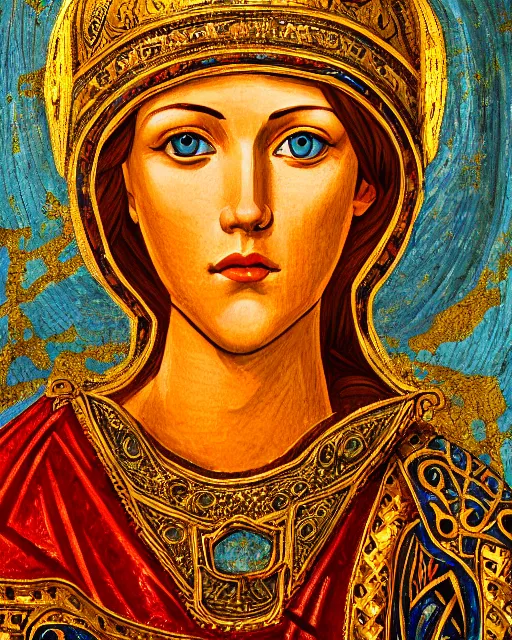 Image similar to byzantine fresco portrait of woman in shining golden armor, high production value, intricate details, high resolution, hdr, high definition, masterpiece, realistic, ultrarealistic, highly detailed, hd, sharp focus, non blurry, sharp, smooth