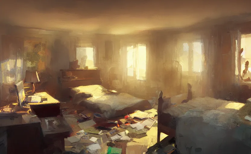 Prompt: a messy bedroom interior, painting by Craig Mullins, octane rendering, soft lighting, wide angle lens, low view, in the style of Pixar animation, trending on artstation,