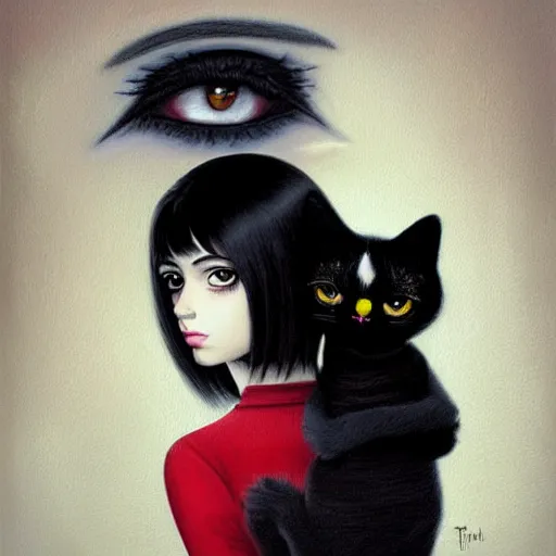 Image similar to a painting of an emo goth mexican woman with long dark hair thick eyebrows dark eyes and dark circles wide nose big eyes oval face shape big cheeks, holding her tabby cat, a photorealistic painting by tran nguyen and ilya kuvshinov, featured on deviantart, gothic art, goth, gothic, detailed painting