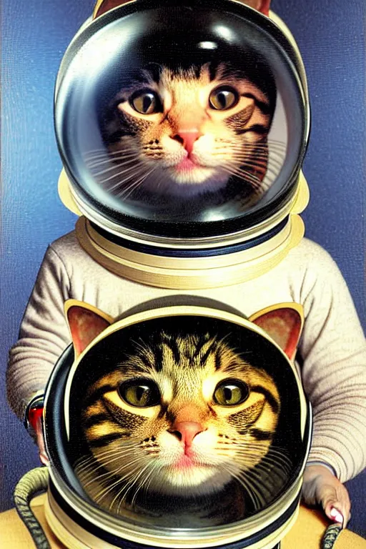 Image similar to portrait of a cat astronaut with armor and helmet, by bouguereau