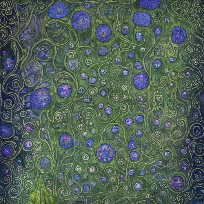 Image similar to ancient overgrown! ruins, medieval gates, indigo runestones, mysetrious etherial mesmerizing runic!! cat eyes, magical elven geometry, concept art by gustav klimt!!, deviantart contest winner, environmental art, pretty indigo flowers, fairy circles, lit by moonlight!!, high detail, intricate masterpiece