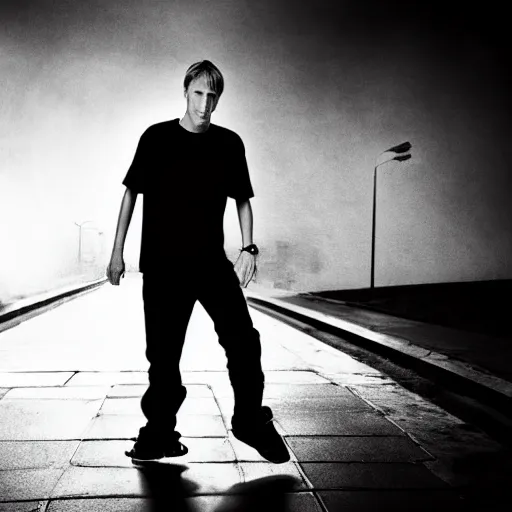 Image similar to tony hawk with no legs, photograph, black and white, emotional lighting, moody shadows, 4 k