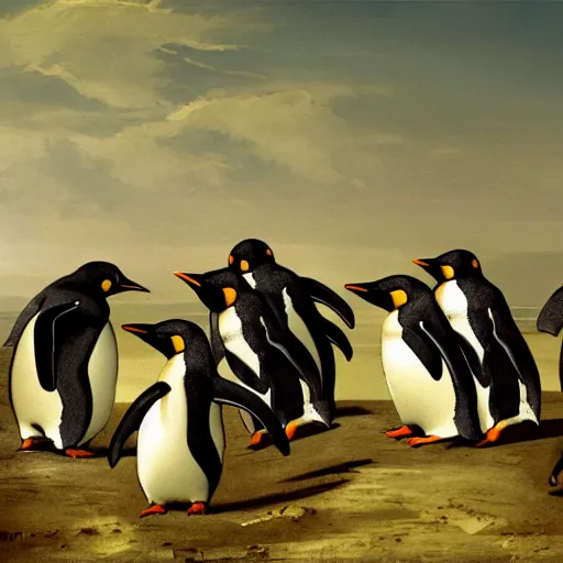 Image similar to penguin conquistadors in rome, artstation, history, nature, goya