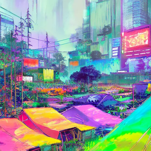 Image similar to acrylic painting, impressionism and expressionism, bold pastel colors. hippie bohemian encampment with a tie - dye tents and a garden. cyberpunk art by liam wong, cgsociety, panfuturism, cityscape, utopian art, anime aesthetic