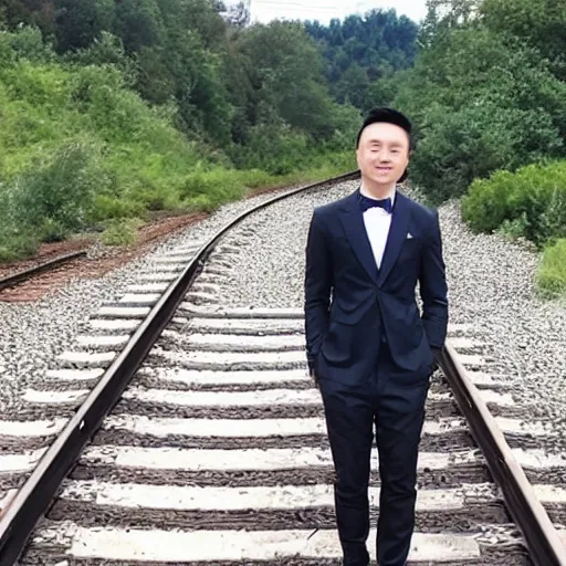 Image similar to justin sun tied to train tracks