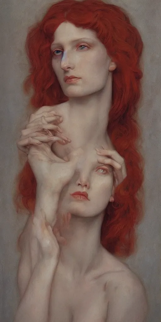 Prompt: portrait of a beautiful redhead woman ,by roberto ferri, by austin osman spare, by wayne barlowe, detailed painting, mystical, occult