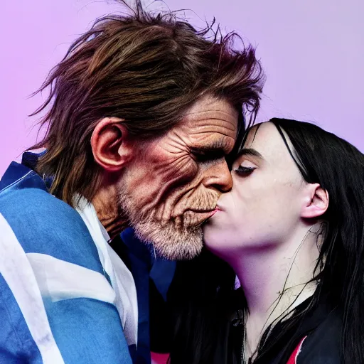 Prompt: willem dafoe kissing billie eilish in a bed