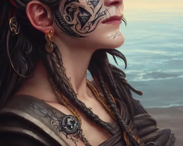 Prompt: close up of a pirate with scars and a face tattoo, deep focus, d & d, fantasy, intricate, elegant, highly detailed, digital painting, artstation, concept art, matte, sharp focus, illustration, hearthstone, art by artgerm and greg rutkowski and alphonse mucha