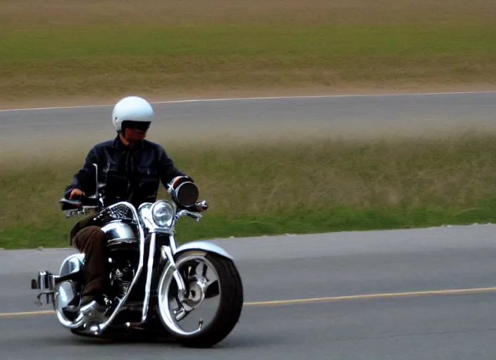 Prompt: chopper motorbike driving on the freeway. iso 1 0 0. low camera view. retro photo