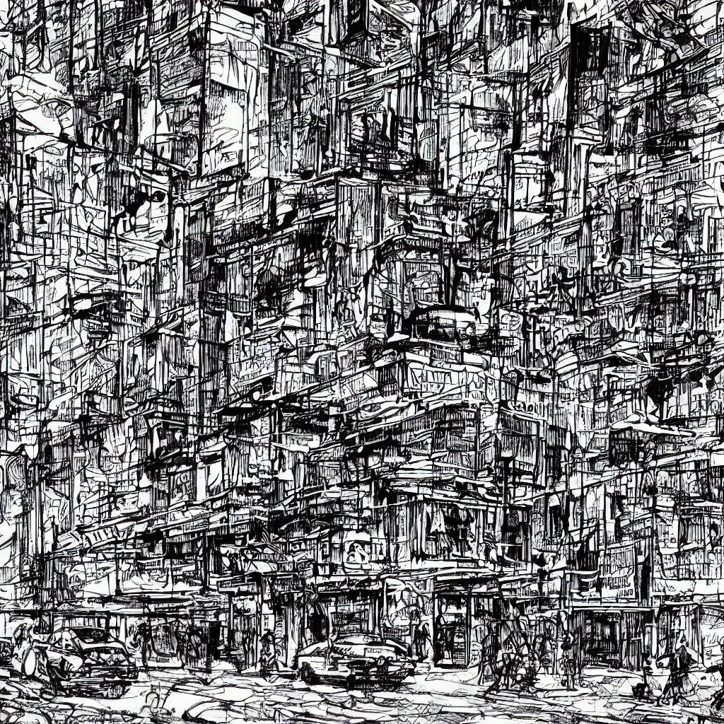 Prompt: A stunning extreme close-up illustration of a sparse city sidewalk with a bar on the corner, mechanical vehicle traffic, service robots, prostitutes and broken cyborgs on the sidewalk, skyscraspers towering overhead in the distant background, dark night atmosphere, illustrated by Jack Kirby, highly detailed, 8k, sparse dark atmosphere, perfect pen and ink line art, dark futurism, highly hyperdetailed and microdetailed, perfect buildings and infrastructure, futuristic, cybernetic, full color blue and violet color scheme, sci-fi, Marvel Comics 1972, New Gods, dim lights, sharp focus, high technical detail