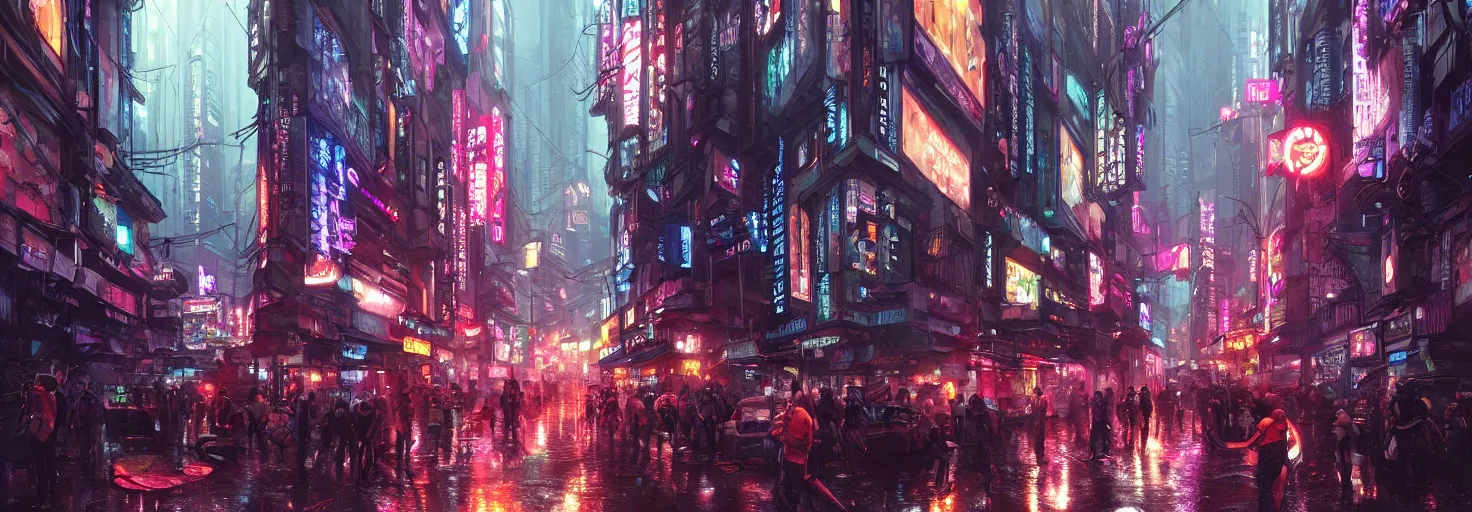 Image similar to overly crowded street of a cyberpunk city, rain, harsh neon lights, highly detailed, digital painting, trending on artstation, concept art, sharp focus, illustration, art by artgerm and greg rutkowski and magali villeneuve