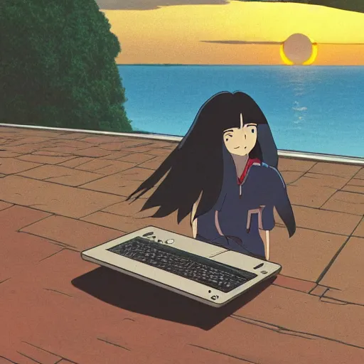 Prompt: guy with long black hair using a laptop, tan skin, looking down, sunset, art by hayao miyazaki, studio ghibli film, twitter pfp