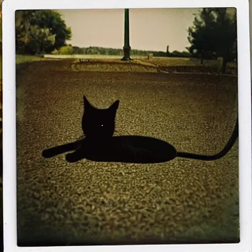 Prompt: black cat in a rollercoaster. the cat looks happy. sunny landscape. polaroid photo. tri color.