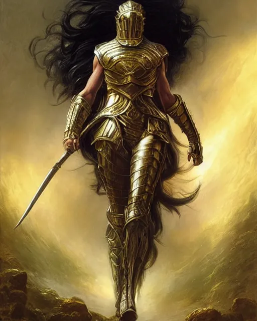 Image similar to beautiful female warrior, half body portrait, long flowing hair, heavy gold armour, realistic oil painting by thomas cole and wayne barlowe