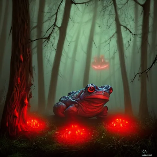 Image similar to giant evil monsterous toad in the dark forest, glowing red eyes, toads, foggy, atmospheric, highly detailed, hyperrealistic, gothic horror, trending on artstation, digital art, dark fantasy