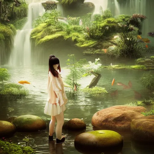 Image similar to portrait of a young japanese woman looking at koi fish in a pond, dim volumetric lighting, 8 k octane beautifully detailed render, post - processing, extremely hyper - detailed, intricate, epic composition, cinematic lighting, masterpiece, trending on artstation, detailed detailed detailed, stunning art by anders zorn, wonderful masterpiece by greg rutkowski, beautiful cinematic light