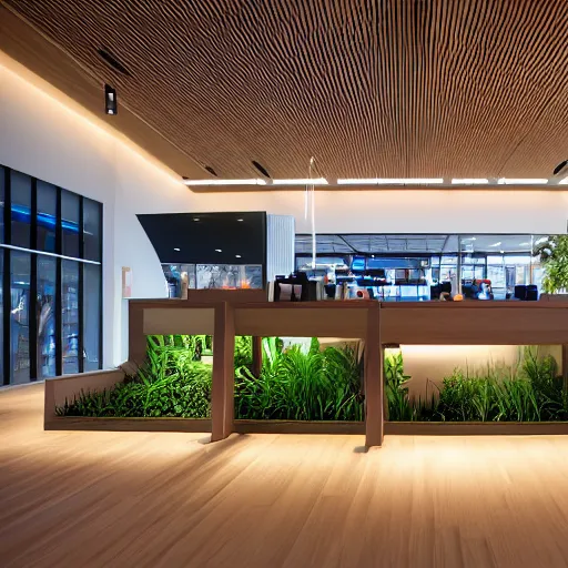 Prompt: interior photography of a Microsoft Samsung flagship store, wood, polished concrete, spotlights, verdant plants, water feature, retaildesignblog, dezeen, 14mm, 8k, cinestill, pentax, film