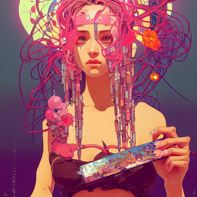 Prompt: a beautiful portrait painting of a ( otaku ) girl covered with nails by simon stalenhag and pascal blanche and alphonse mucha!! and nekro!! and josan gonzalez in style of digital art. colorful comic, film noirs, pencil stroke, vibrating colors, hyper detailed. octane render. trending on artstation