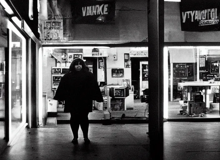 Image similar to cinematic shot of backlit windows of a narrow used electronics store where octavia spencer looks for an old synthesizer in the cramped messy aisles,, iconic scene from the paranoid thriller sci fi film directed by stanley kubrick, set in the near cyberpunk future, anamorphic cinematography, beautiful composition, color theory, leading lines, photorealistic, volumetric lighting