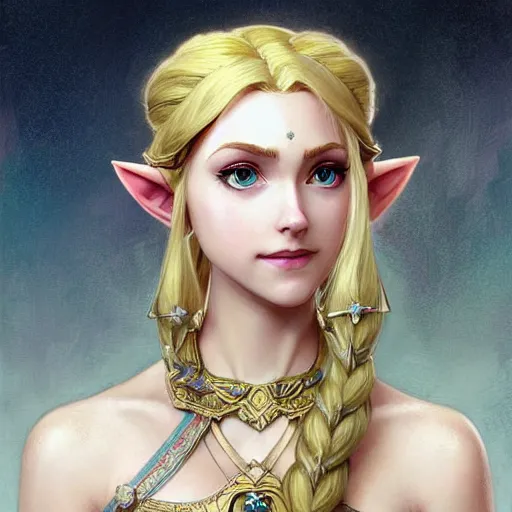 Prompt: portrait of princess zelda from hyrule, nose ring, upper body, blonde hair, long hair, joyful smirk, intricate, elegant, highly detailed, digital painting, artstation, concept art, matte, sharp focus, illustration, art by artgerm and greg rutkowski and alphonse mucha