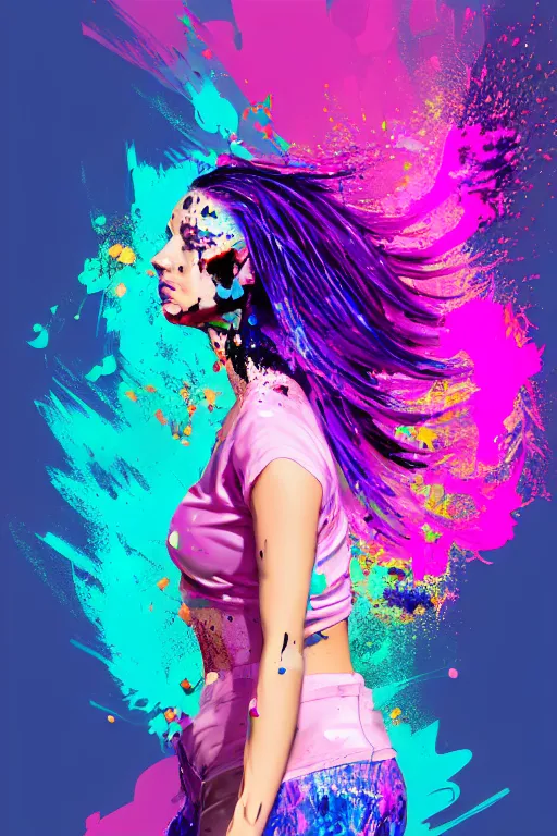 Image similar to a award winning half body porttrait of a beautiful woman in a croptop and cargo pants with ombre purple pink teal hairstyle with head in motion and hair flying, paint splashes, splatter, outrun, vaporware, shaded flat illustration, digital art, trending on artstation, highly detailed, fine detail, intricate