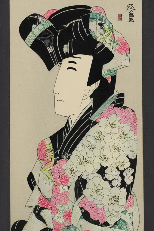 Image similar to A Japanese artwork of a man wearing a white floral suit, with many flowers in a stylistic manner